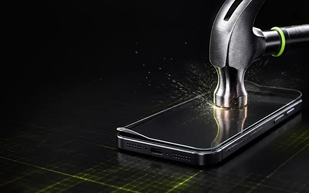 Hammer striking a phone protected by ShockStop, with its screen intact