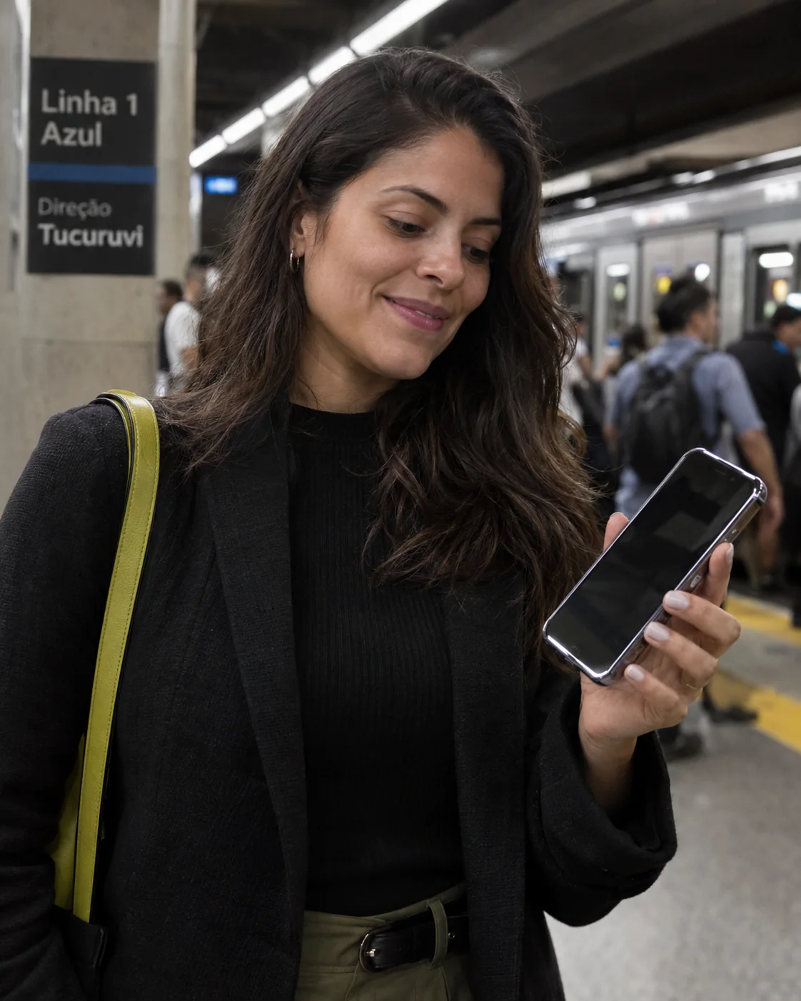 Pessoa usando um celular protegido durante o trajeto de metrô