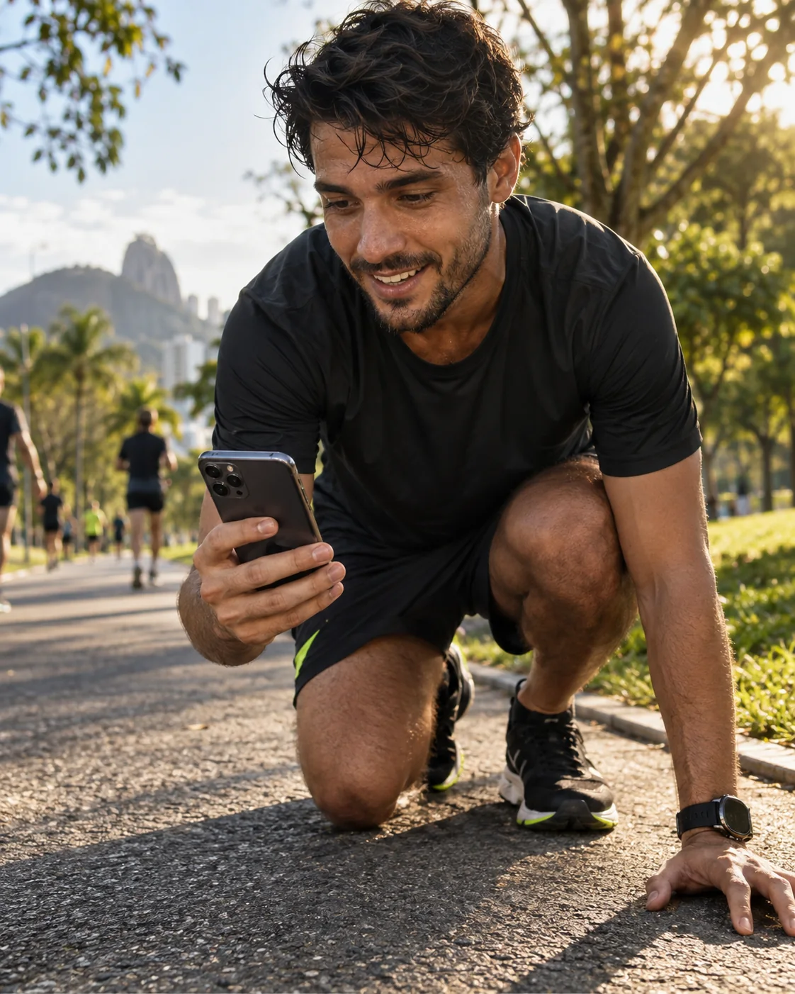 Pessoa conferindo o celular depois de um impacto durante o treino
