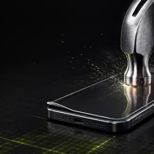 Hammer striking a phone protected by a ShockStop screen protector